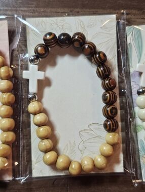 Light & Dark Brown Wood Beaded Bracelet with Cross Accent